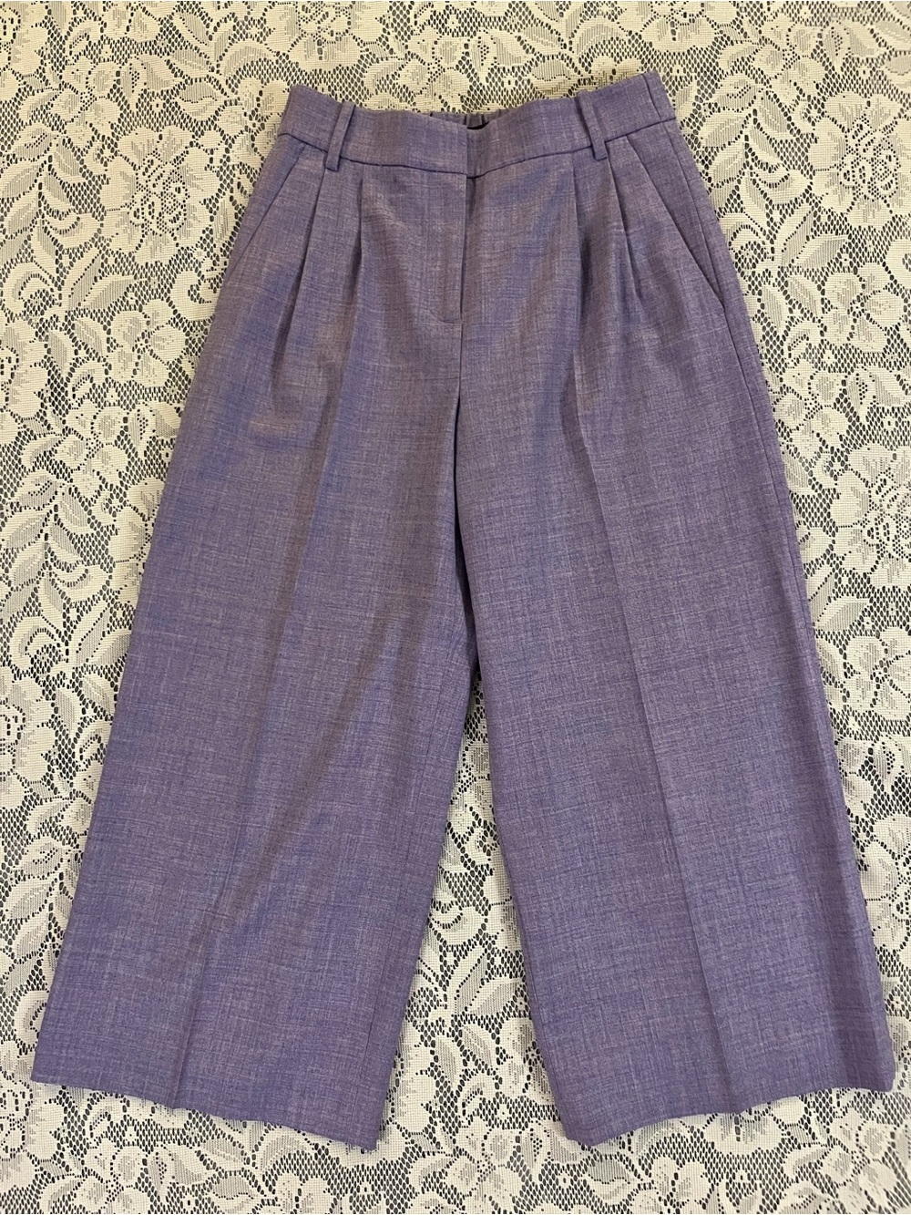 J. Crew High-Rise Wide-Leg Wool Blend Pleated Cropped Trousers in Lilac